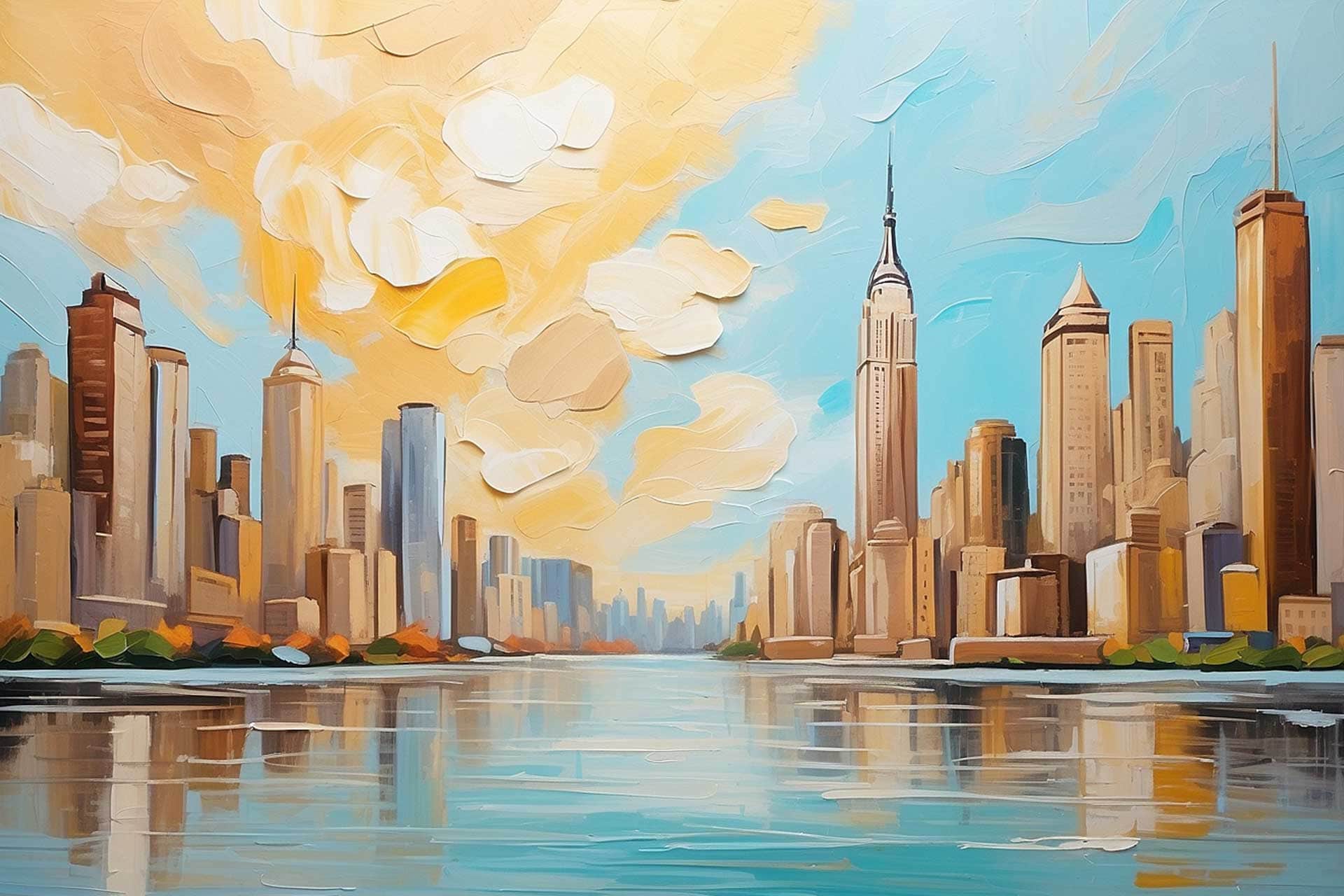 Oil painting of New York City skyline.