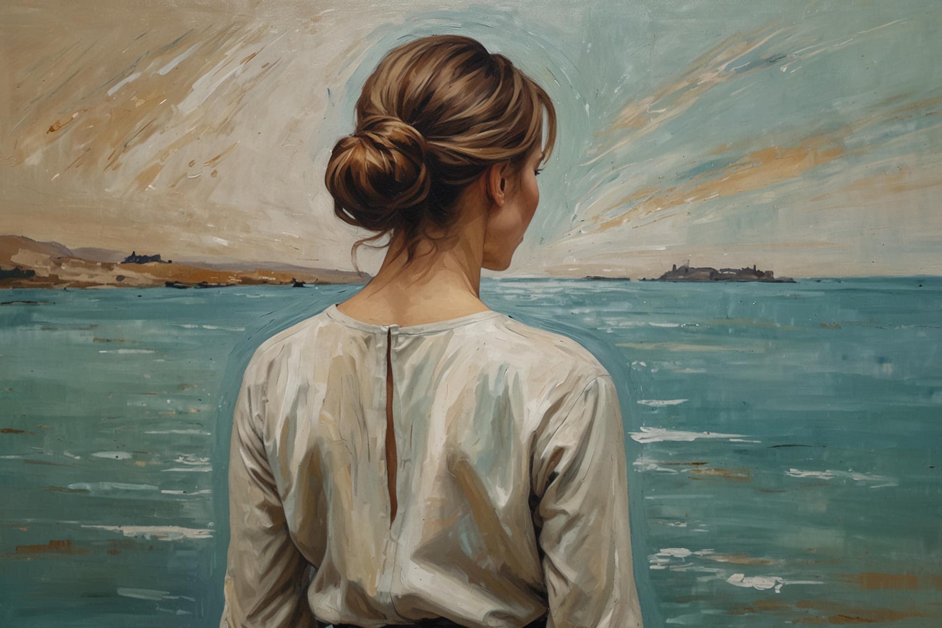 A woman with her hair in a bun looks out over a sea towards distant ships, depicted in a realistic painting by a trauma therapist in New York.