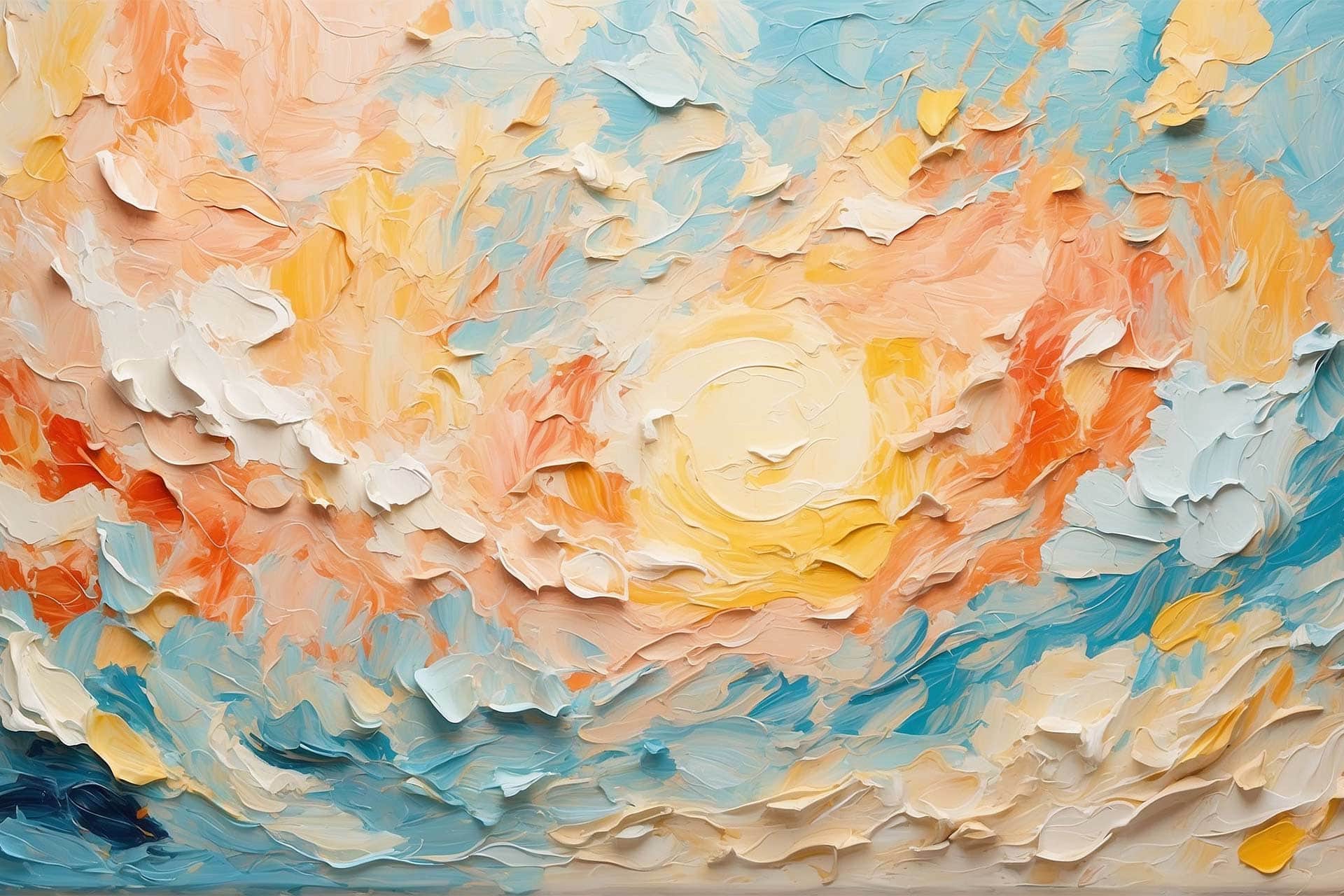 Thick, textured brushstrokes in vibrant blues, oranges, and whites depict an abstract impression of a sunrise over the ocean.