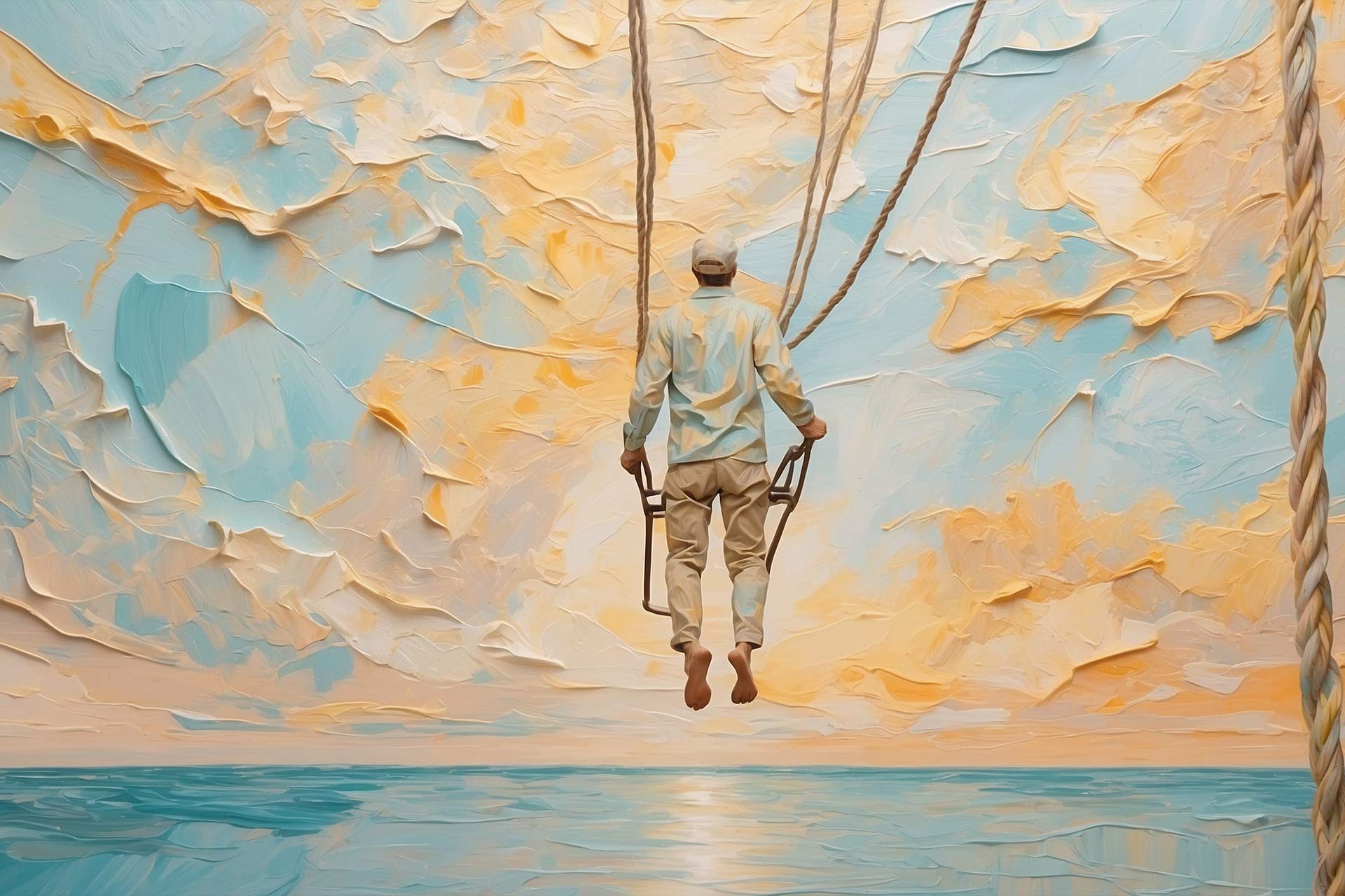 A person in light clothing sits on a swing suspended over a serene ocean, with a vibrant, textured sky in the background, embodying the spirit of getting comfortable being uncomfortable.