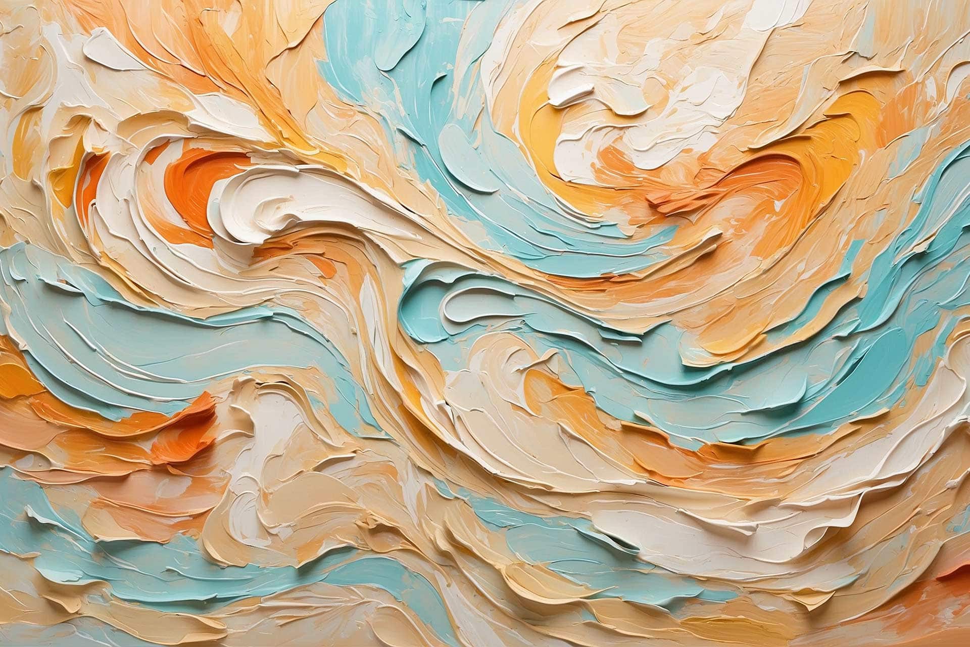 Abstract painting with thick, textured brushstrokes in swirling patterns of blue, orange, and cream.