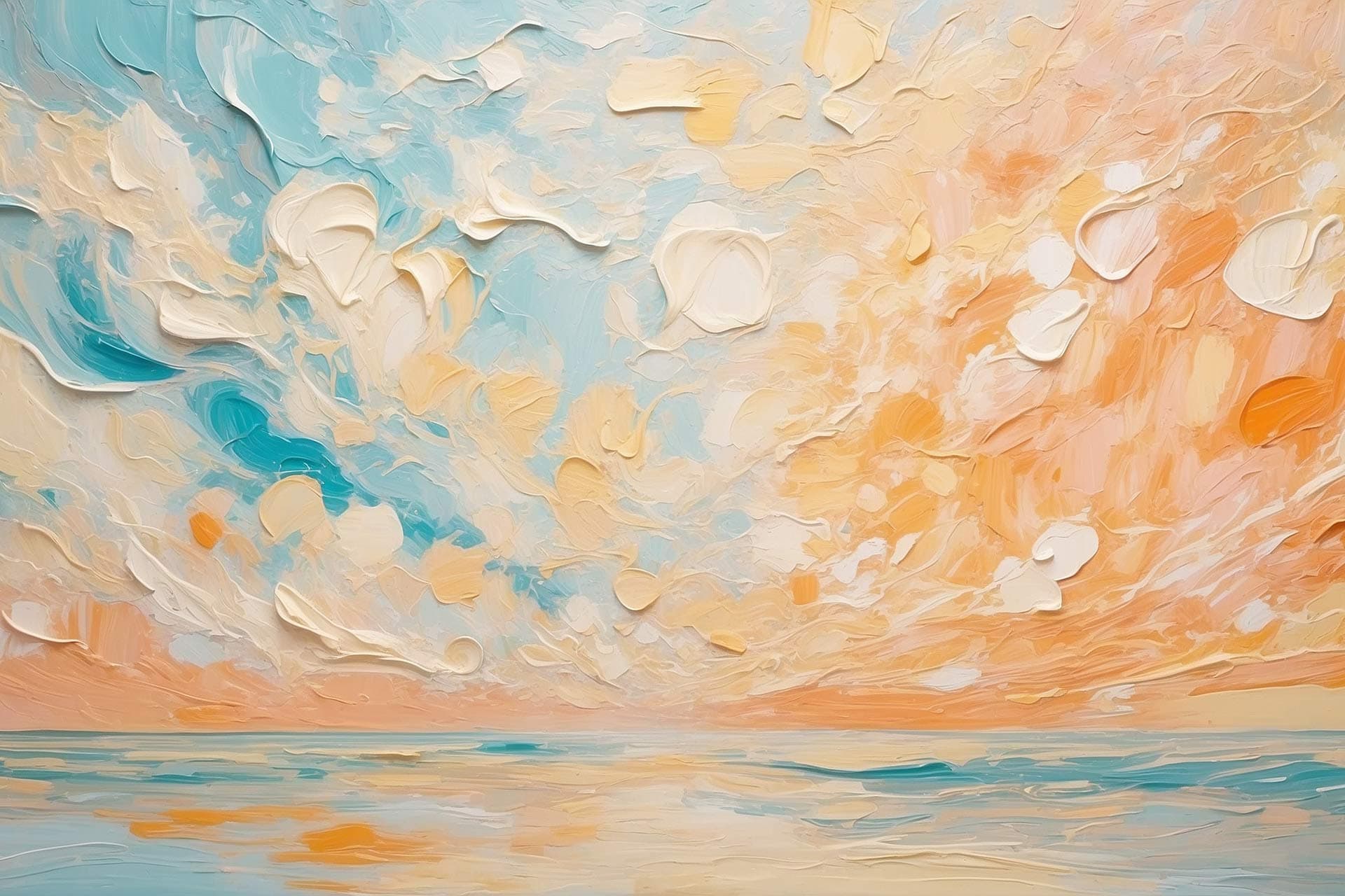 An oil painting depicts a colorful sky with blue, white, and orange swirls above a calm sea.