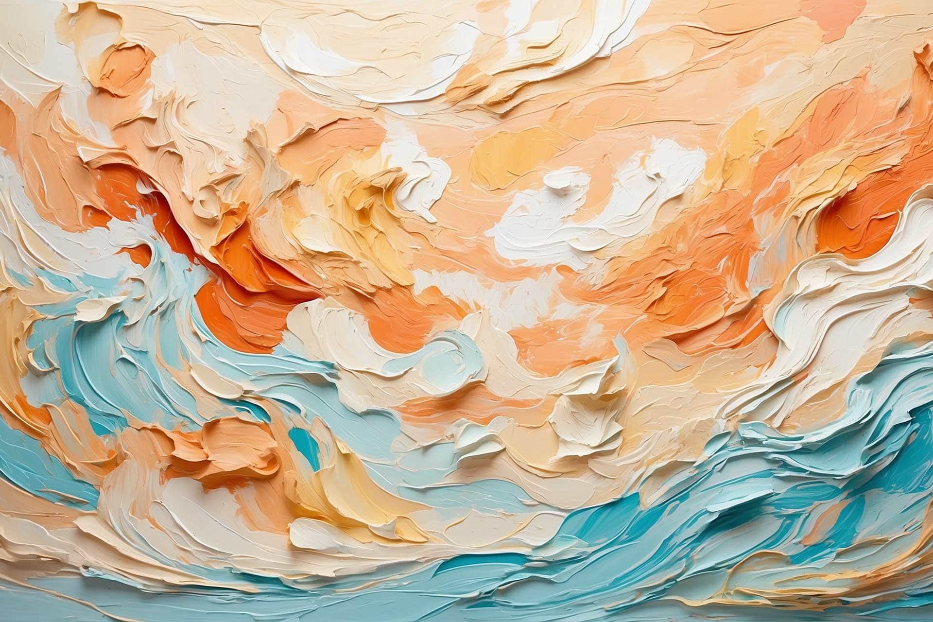 A vibrant, abstract painting with thick, swirling brushstrokes in shades of orange, peach, white, and blue resembling a dynamic sky and sea combination.