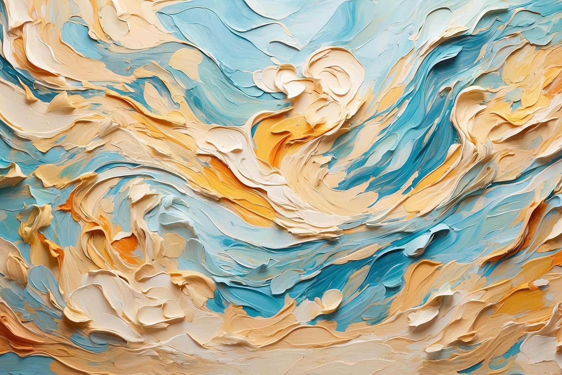 An abstract painting with thick, textured swirls of blue, yellow, and beige, evoking a sense of movement and depth.