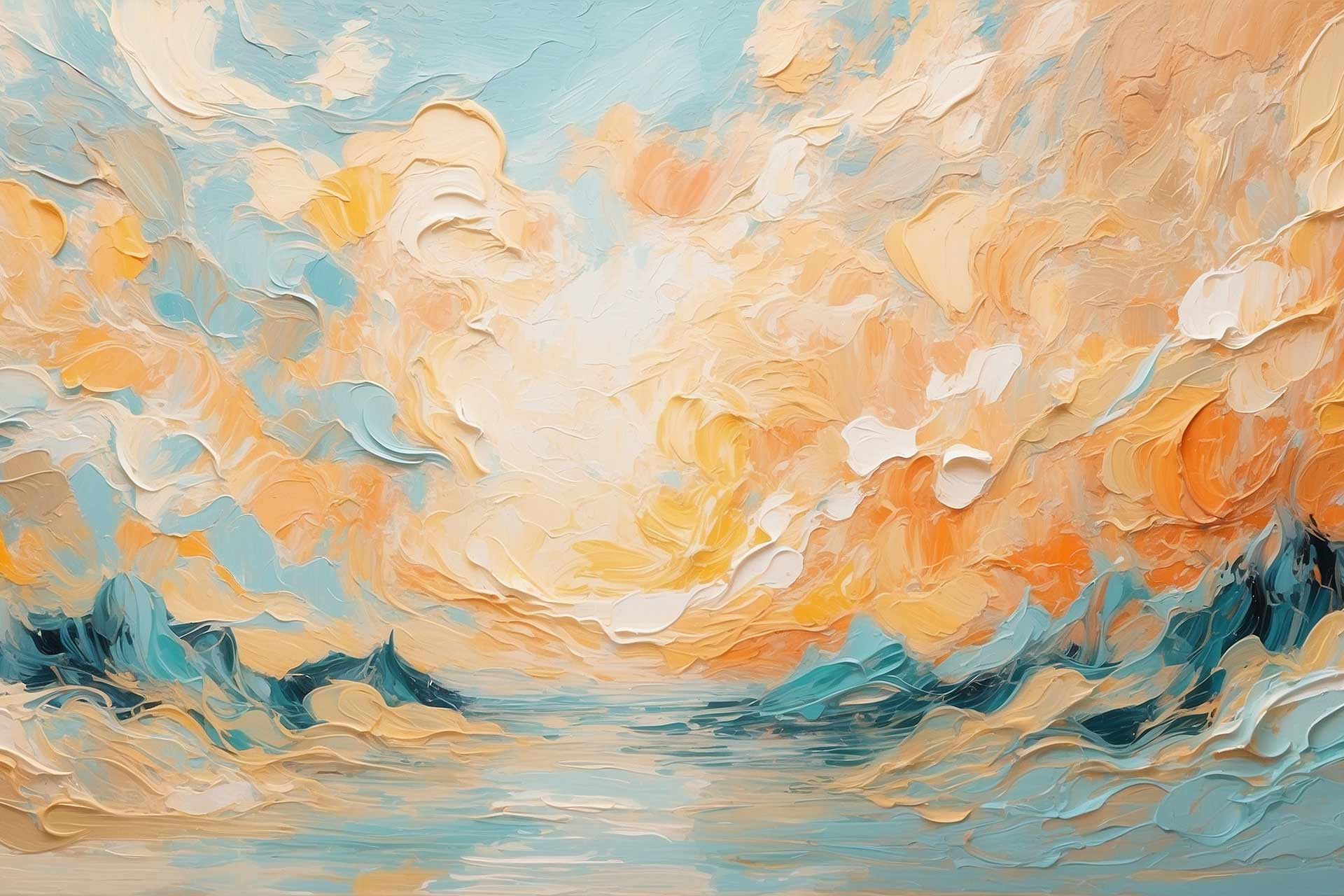 A vibrant abstract painting depicts a seascape with swirling brushstrokes in shades of blue, orange, and yellow, suggesting a sunrise or sunset over water with distant mountainous formations.