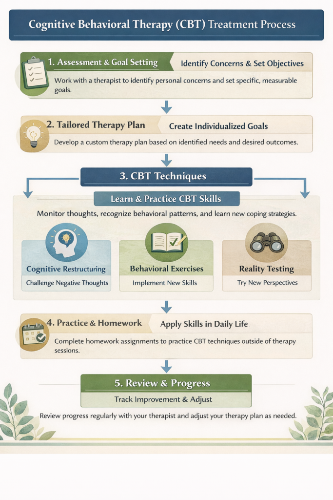 An infograph explaining the process of CBT therapy and how it works.
